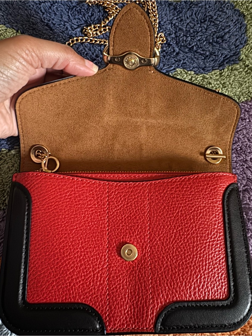 Coach Georgie Red and Black ColorBlock Leather Crossbody with Gold Chain - Picture 4 of 12